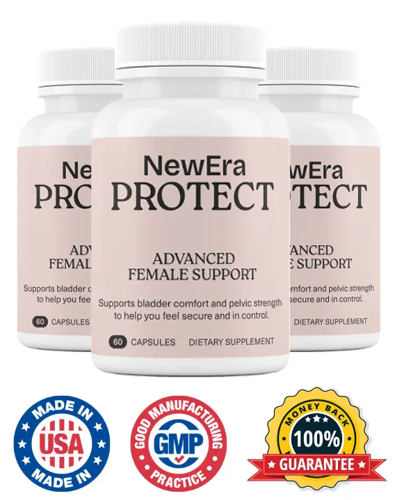 NewEra Protect bottles with Made in USA, GMP Certified, and 100% Money-Back Guarantee badges